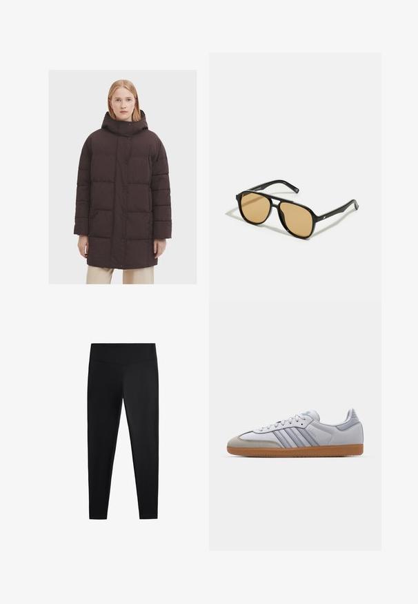 Brun pufferjakke med høj hals og hætte, der har en knaplukning og vandrette quiltede sektioner. Glat, mat tekstur.; Grøn fleece-pullover med høj krave, navy trykknap-lukning og en lynlås-lomme. Har en blød tekstur og kontrasterende cremet kant.; Sorte leggings lavet af glat, strækbart stof. Har en bred talje og en tapered ben-design, velegnet til aktiv eller afslappet brug.; Hvide lædersneakers med lyseblå accenter, grå ruskindsnæse og en brun gummisål. Har tre blå striber og "Samba" branding.; Sorte solbriller med brune tonede linser; rektangulær form med en tyk ramme, herunder diskrete hardwaredetaljer på stængerne.