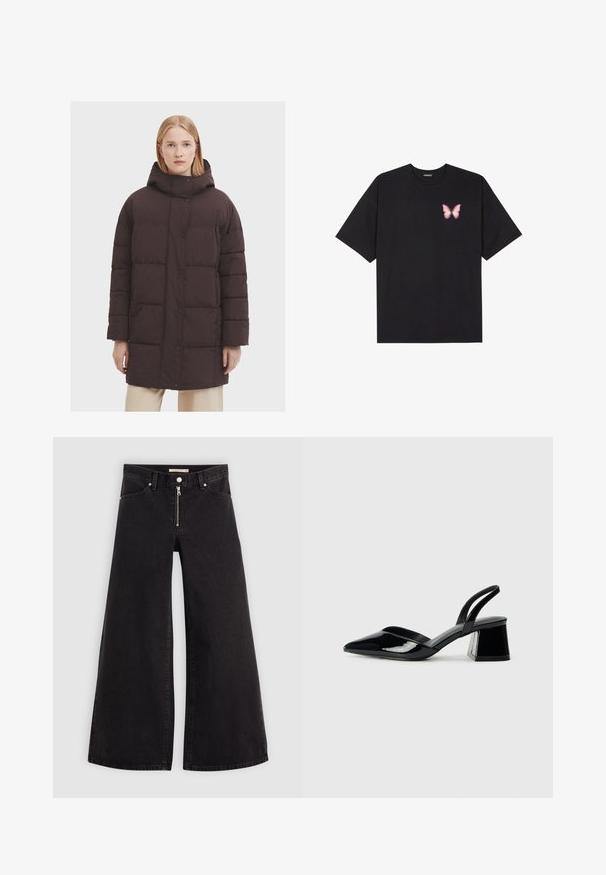 Hnědý péřový kabát s vysokým límcem a kapucí, který má knoflíkovou uzávěr a horizontálně prošívané části. Hladký, matný povrch.; Černé bavlněné tričko s krátkým rukávem, na levém prsou s malou grafikou růžové motýlky. Design s kruhovým výstřihem a volným střihem.; Džíny s širokými nohavicemi v černém denimovém provedení se zipem vpředu, pěti kapsami a jemnými švy. Hladká textura a ležérní styl.; Černé lakované kožené lodičky na pásku s špičatou špičkou a geometrickým blokovým podpatkem. Vyznačují se elegantním, minimalistickým designem a hladkým povrchem.