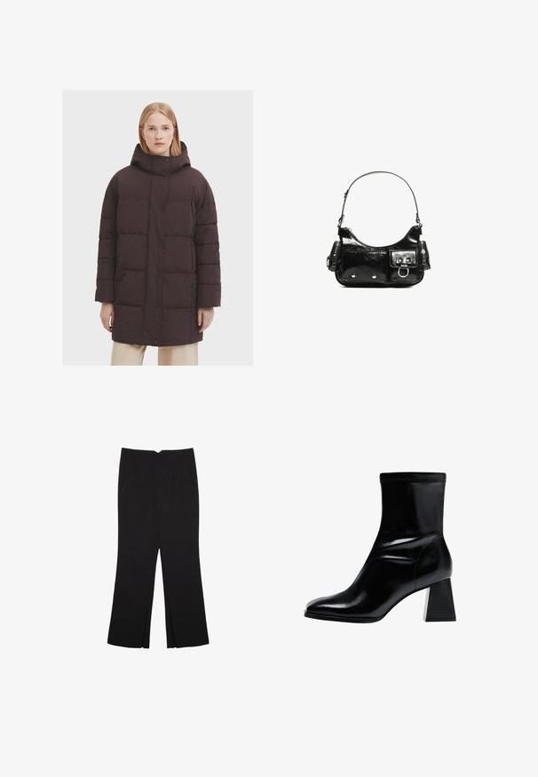 Brązowy puchowy płaszcz z wysokim kołnierzem i kapturem, z zapięciem na guziki oraz poziomymi pikowaniami. Gładka, matowa faktura.; Czarny krótki top z długim rękawem, okrągłym dekoltem, gładkim wzorem i lekko zaokrąglonym dołem.; Czarne spodnie o prostym kroju, z przednimi kieszeniami i bocznymi rozcięciami na dole. Wykonane z miękkiego, gładkiego materiału. Odpowiednie na różne okazje.; Czarne botki za kostkę wykonane z gładkiej skóry. Posiadają blokowy obcas z teksturowanym, żebrowanym wzorem oraz smukły, zwężający się kształt palców.; Czarna torebka z lakierowanej skóry o zaokrąglonym kształcie, z jednym paskiem na ramię, przednimi kieszeniami i akcentami w kolorze srebrnym.
