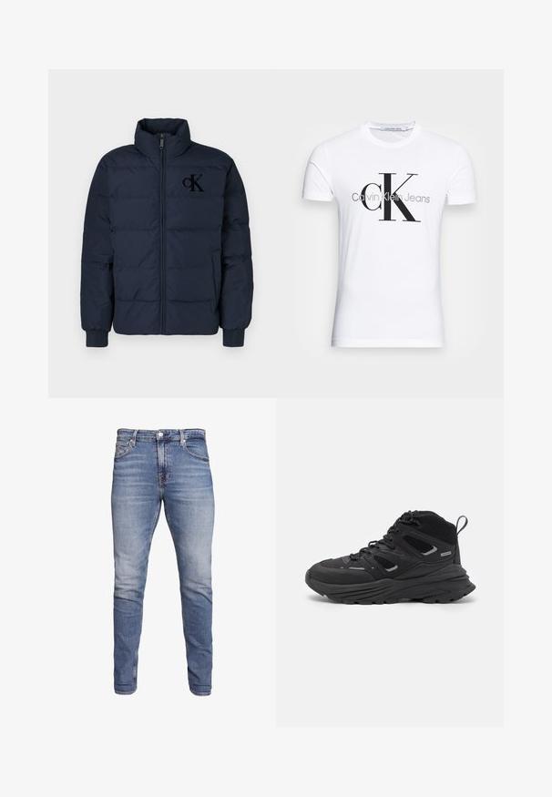 Tamsiai mėlyna pūkinė striukė su aukšta apykakle, priekyje užtrauktuku ir elastinėmis rankogaliais; ant krūtinės subtiliai siuvinėtas CK logotipas.; Balta medvilninė marškinėliai su juodu "CK" logotipu ir "Calvin Klein Jeans" tekstu, trumpomis rankovėmis ir klasikine apvalia iškirpte.; Mėlyni liesi džinsai su penkiomis kišenėmis, blyškios spalvos, mygtukų uždarymas ir diržo kilpos, pateikti prieš baltą fono.; Juodi žygio batai su sluoksniuota struktūra, tekstūruota medžiaga ir guma padanga, su sutvirtintomis sritimis ir raištelių užsegimu.