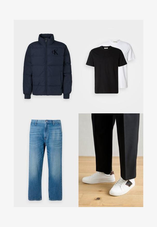 Granatowa kurtka puchowa z wysokim kołnierzem, przednim zamkiem błyskawicznym i elastycznymi mankietami; posiada subtelne logo CK wyhaftowane na piersi.; Dwie gładkie bawełniane koszulki, jedna czarna umieszczona z przodu białej, obie z krótkimi rękawami i okrągłymi dekoltami.; Jasnoniebieskie dżinsy o prostym kroju, pięć kieszeni, zapięcie na guzik i delikatne przetarcia z przodu. Brak widocznych wzorów.; Białe trampki o gładkiej fakturze, z brązowymi skórzanymi akcentami i czarnymi detalami, zestawione z czarnymi eleganckimi spodniami. Tło stanowi drewniana podłoga.