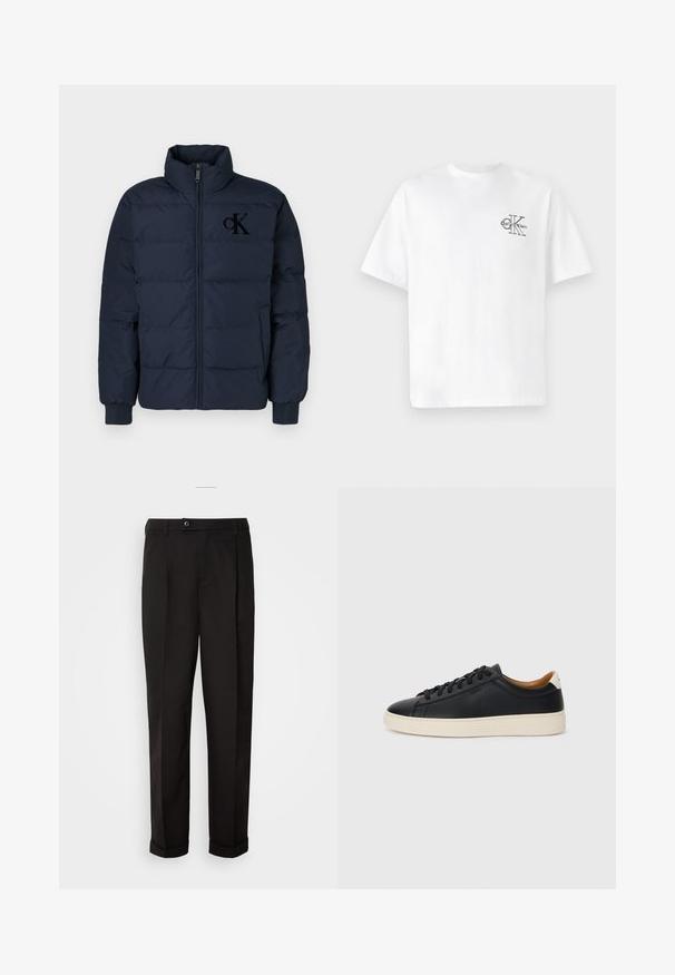 Mornarsko plava jakna od puffer materijala s visokim ovratnikom, prednjim zatvaračem na patent i elastičnim manžetama; ispod prsiju diskretno je izvezen logo CK.; Bjela pamučna majica kratkih rukava, okruglog izreza, s crnim CK logom na lijevoj strani prsnog dijela, standardnog kroja, glatke teksture.; Crne hlače glatke teksture, ravnog kroja, s dva prednja džepa i zatvaranjem na jedan gumb u struku.; Crne kožne tenisice s glatkom teksturom, bež gumeni đon, dizajn s vezicama i kontrastni detalj na peti.