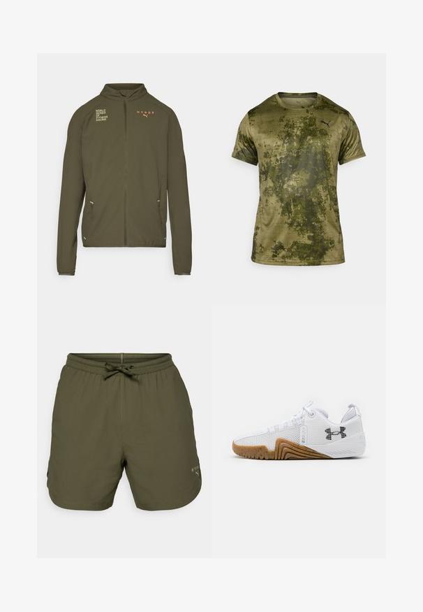 Olijfgroene sportjack met hoge kraag, volledige ritssluiting, zijzakken en bedrukte logo's in wit en oranje. Gemaakt van lichtgewicht materiaal.; Korte mouwen sportshirt in olijfgroen met een gestructureerde, gemusterde afwerking. Bevat een klein zwart logo op de linkerborst.; Olijfgroene sportshorts van lichtgewicht stof, met een elastische tailleband met een trekkoord en een klein logodetail aan de zijkant.; Witte sportschoenen met een bovenwerk van mesh, rubberen buitenzool in een gomkleur, textuuraccenten en een zwart logo op de zijkant.