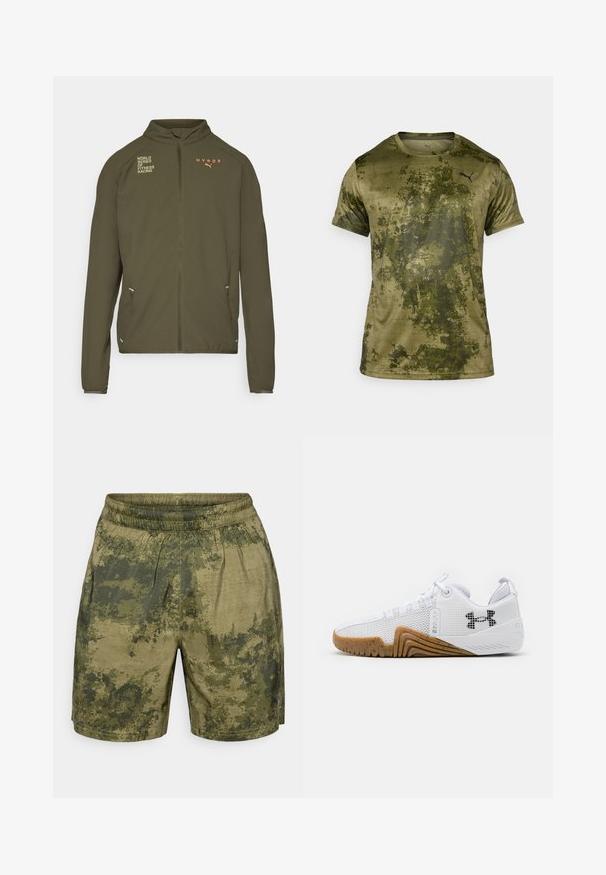 Olivovozelená športová bunda s vysokým golierom, plným predným zipsom, bočnými vreckami a potlačenými logami v bielej a oranžovej farbe. Vyrobená z ľahkého materiálu.; Krátky rukáv športového trička v olivovo zelenej farbe s textúrovaným, vzorovaným povrchom. Obsahuje malé čierne logo na hornej ľavej strane hrudníka.; Kraťasy s kamuflážným vzorom v odtieňoch zelenej, vyrobené z ľahkej tkaniny s elastickým pásom a vo voľnom strihu.; Biele atletické topánky s priedušným zvrškom, gumenou podrážkou v gumovej farbe, textúrovanými akcentmi a čiernym logom na boku.