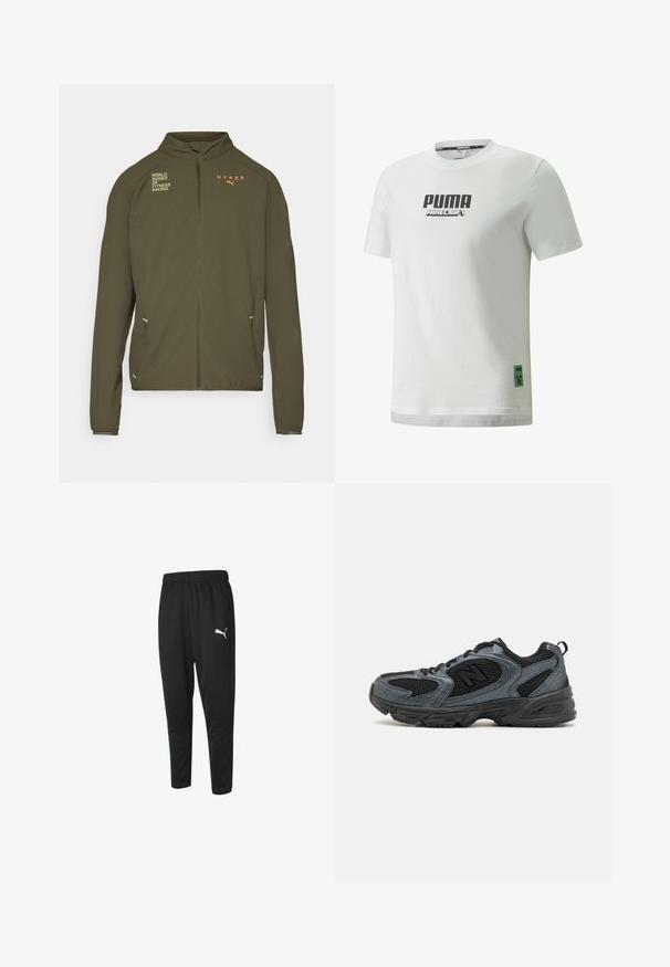 Olijfgroene sportjack met hoge kraag, volledige ritssluiting, zijzakken en bedrukte logo's in wit en oranje. Gemaakt van lichtgewicht materiaal.; Witte katoenen t-shirt met zwarte "PUMA" en "MINECRAFT" logo's op de voorkant, met een groen Minecraft Creeper embleem aan de onderzijde.; Zwarte sportieve broeken van gladde stof, met een tailleband met trekkoord, taps toelopende benen en een klein wit Puma-logo aan de linkerkant.; Zwarte en grijze atletische schoenen met een gestructureerde mesh bovenkant, rubberen zool en ondersteunend ontwerp. Bevat logo en vetersysteem.