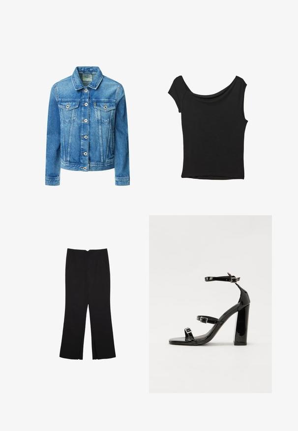 Svijetloplava traper jakna s klasičnom kragnom, dugmadi na zatvaranju, dva džepa na prsima i standardnim dugim rukavima s manžetama.; Črna kratka majica s kratkimi rokavi iz gladkega blaga; ima drapiran izrez in asimetrično spodnjo rob, s prilegnjenim telesom.; Črne hlače ravnega kroja z naglavnimi žepi in stranskimi razporki na robu. Narejene iz mehke, gladke tkanine. Primerne za različne priložnosti.; Črne lakirane sandale s peto, kvadratnim prstom, trakovi okrog gležnja in srebrnimi zaponkami. Opremljene so s stabilno Debelo peto.