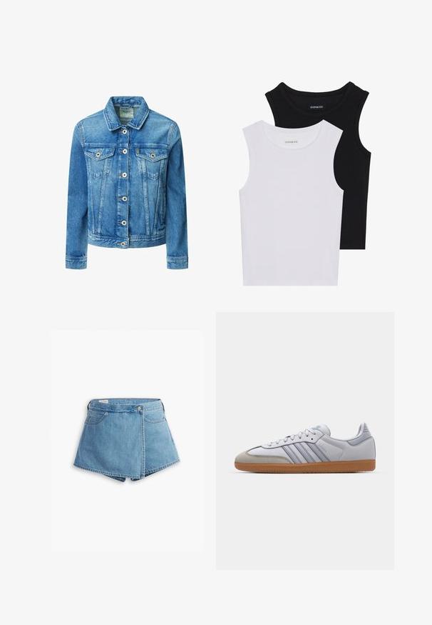 Hele sinine teksajakk klassikalise kraega, nööbiga kinnitused, kaks rinnaTaskut ja standardse mansettidega pikad varrukad.; Kaks lühikeste varrukateta toppi mustas ja valges, valmistatud ribakudumist, ümarate kaelustega ja sobiva disainiga. Mõlemal on nähtavad sildid.; Heledad lühikesed teksad helesinises toonis, millel on ümber kerimine, esikotid ning metallnööbiga sulgur. Sile tekstuur ja õmmeldud servad.; Valged nahast tossud helesiniste detailidega, hallist suede'ist varvas ja pruun kummitald. Omab kolme sinist triipu ja "Samba" brändimist.