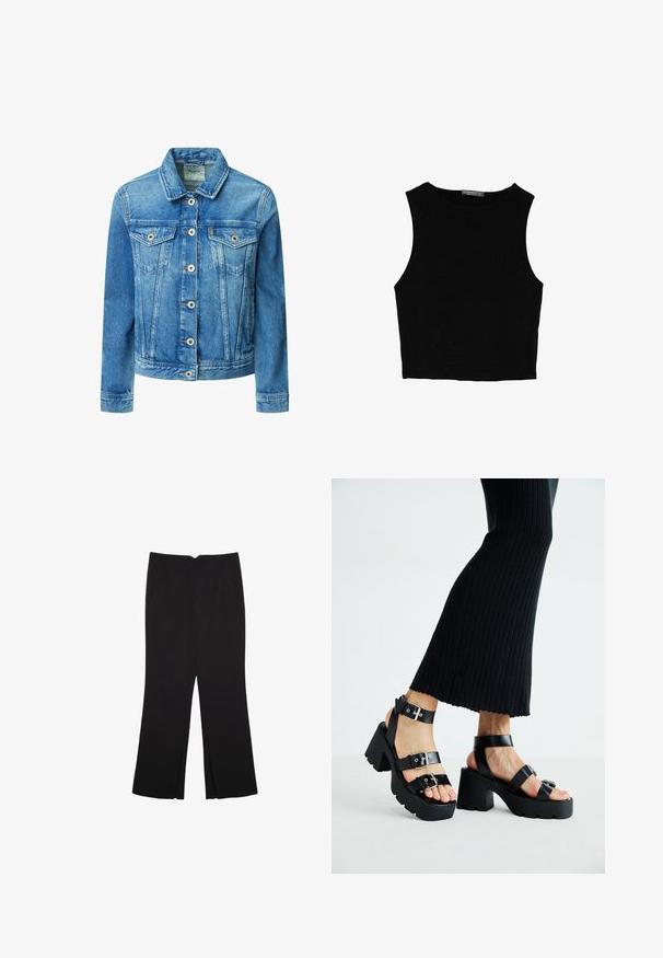 Svijetloplava traper jakna s klasičnom kragnom, dugmadi na zatvaranju, dva džepa na prsima i standardnim dugim rukavima s manžetama.; Črn brez rokavov crop top, izdelan iz gladkega materiala, z okroglim izrezom in čistim, preprostim dizajnom brez vzorcev ali dodatkov.; Črne hlače ravnega kroja z naglavnimi žepi in stranskimi razporki na robu. Narejene iz mehke, gladke tkanine. Primerne za različne priložnosti.; Črne platforme s sandali in debelimi, zarezami ter več naramnicami, ki vključujejo kovinske zaponke in gladko teksturo, podobno usnju.