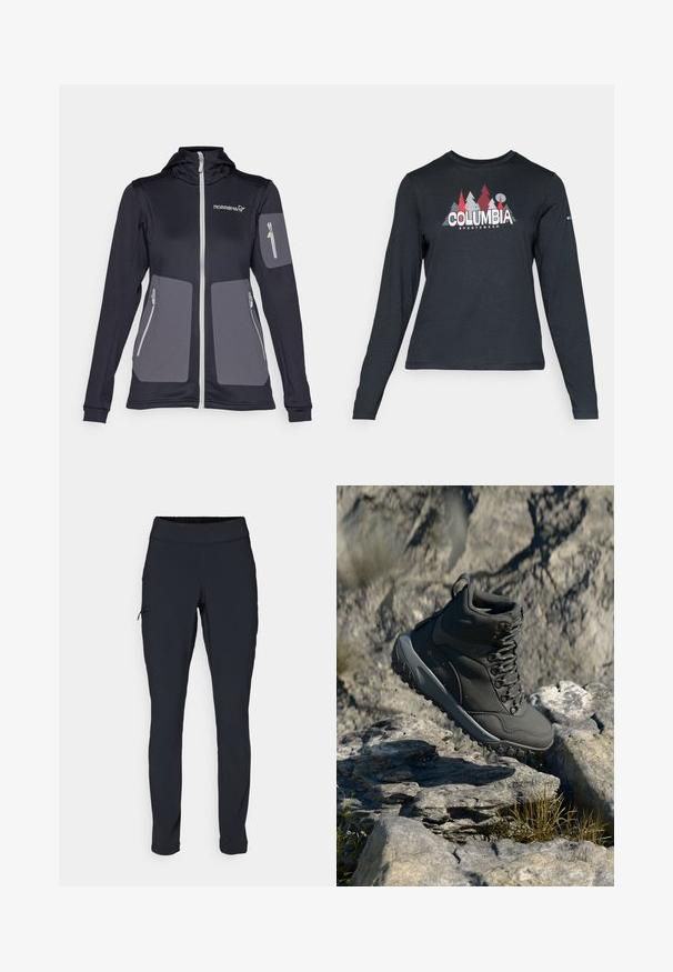Svart hettejakke med glidelås, grå paneldetaljer, to sidelommer og en liten glidelåslomme på armen. Laget av stretchmateriale.; Langermet mørkegrå skjorte med grafikk av røde trær og fjell; "COLUMBIA" logo i fet hvit tekst. Mykt stoff, standard rund hals.; Svarte joggebukser med slim fit, elastisk midjebånd og en sidelomme med glidelås. Glatt, elastisk stoff med minimalt med sømmer.; Mørkegrå tursesko laget av syntetisk materiale, med polstret krage, metalløyer og teksturert gummisåle for grep.