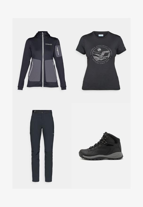Black zip-up jacket featuring a hood, gray panel accents, two side pockets, and a small zippered arm pocket. Made from stretch material.; Black Columbia t-shirt with white circular mountain and river line art and text "Columbia Sportswear Company Outside Since 1938."; Men's outdoor pants, dark gray, made from flexible material, featuring a belt, zippered pockets, and reinforced stitching.; Black hiking boot with a mid-top design, featuring a textured upper, gray accents, and durable rubber sole with traction lugs.