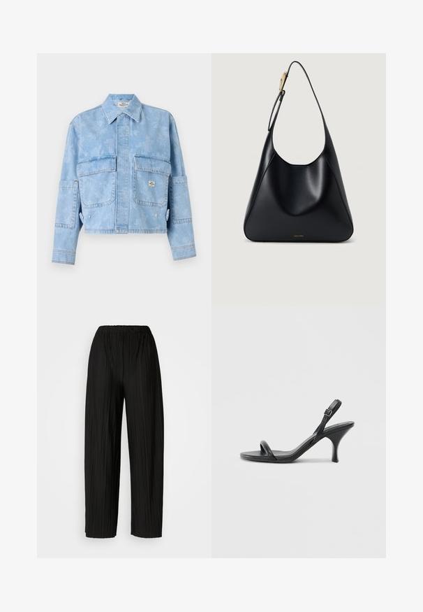 Heleheline teksajakk, millel on lilleline muster, pikad varrukad, kaks eesmist taskut ja terav kaelus. Lühendatud disain, millel on nähtav tikand.; Valge lühikeste varrukatega T-särk, valmistatud puuvillast, ümmarguse kaelusega. Sile tekstuur ja sirge lõige, ilma mustrite või aktsentideta.; Mustad voodri laiad püksid elastse vöökoha ja vertikaalsete volangidega, millel on sile tekstuur.; Mustad nahast kõrgete kontsadega sandaalid, millel on saledad, kõverad kontsad ja ristatud rihma disain. Reguleeritav pahkluu rihm. Sile tekstuur.; Must mustriba mustkott, millel on sile tekstuur, kõver siluett ja kuldne riistvara aksent. Omab reljeefset brändilogo alusel.