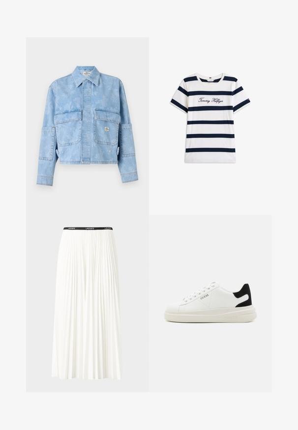 Heleheline teksajakk, millel on lilleline muster, pikad varrukad, kaks eesmist taskut ja terav kaelus. Lühendatud disain, millel on nähtav tikand.; Puuvillane T-särk horisontaalsete tumesiniste triipudega valgel taustal. Rinnal on kiri "Tommy Hilfiger" kantud kursiivis. Ümmargune kaelus.; Kurtitudega valge seelik musta elastse vööga, millel on "LACOSTE" logo. Keskmise pikkusega disain pehme tekstuuriga.; Valged nahast tennisetossud paksu valge tallaga, musta sametist kontsakeeuga ja külje peal riigilogo reljeefne kujundus. Lukkeskeem kuue silmaauguga.