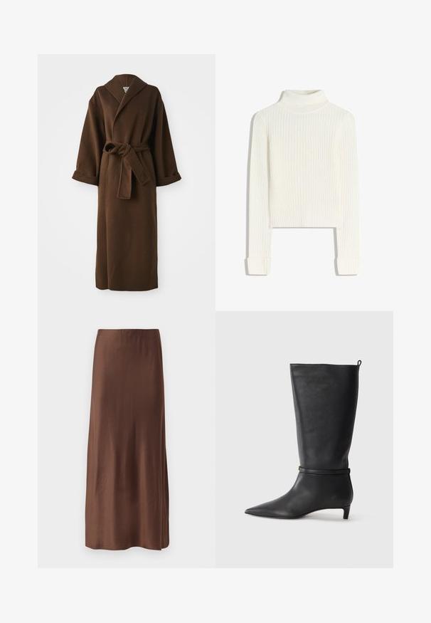 Ruskea, pitkä villakangastakki, jossa on huivikaulus, leveät hihat ja vyötäröllä sidottava vyö. Sujuva pintamateriaali ja minimaalinen yksityiskohtaisuus.; Valkoinen, kaitaleinen korkea kaulusneule pitkähihaisilla ja istuvalla siluetilla. Pehmeä rakenne taitettavilla hihoilla; lyhyt pituus.; Ruskean satiinimidi-hameen sileä pinta, suora leikkaus ilman näkyviä kuvioita tai koristeita. Yksinkertainen ja elegantti muotoilu.; Musta nahkainen polvipitkä saapas, jossa on terävä kärki, korostettuna ympyrämuotoisella nauhalla nilkassa ja matala, kapea korko. Sileä pinta.