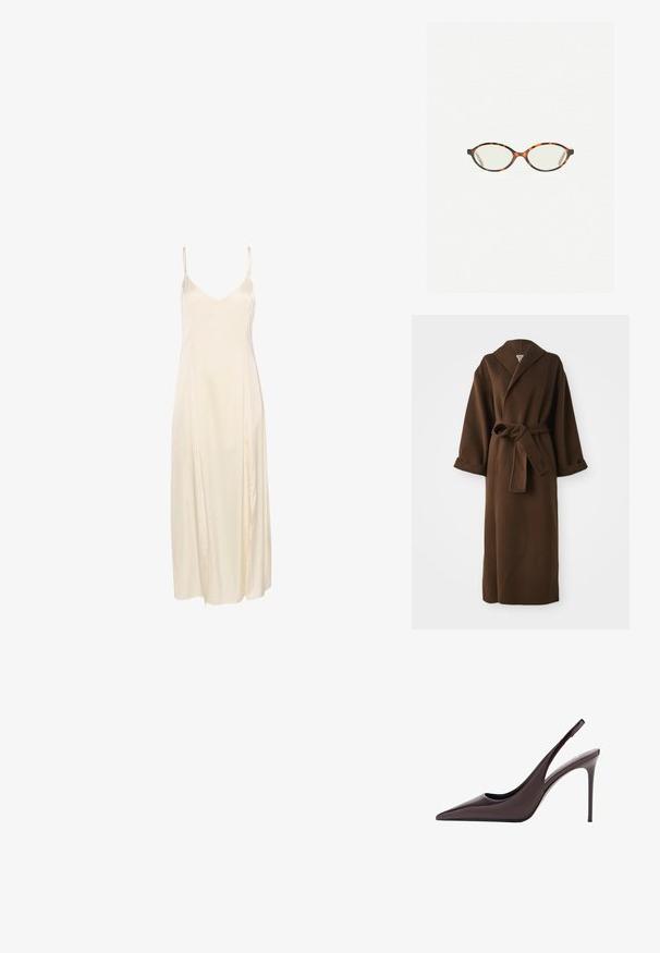 Brown, long wool coat with a shawl collar, wide sleeves, and a tied belt at the waist. Smooth texture and minimal detailing.; Brown, fuzzy sweater with a round neck and long sleeves. Made from a soft material, it features a relaxed fit and minimalistic design.; Ivory satin slip dress with thin spaghetti straps, a deep V-neckline, and a flowing, ankle-length design. Smooth texture and minimal seams.; Burgundy patent leather high-heeled slingback pump with a pointed toe and slim stiletto heel. Smooth texture and minimalistic design.; Tortoiseshell eyeglasses with oval lenses and a sleek, smooth finish. Features thin sides with a subtle curve at the temples. Clear lenses.
