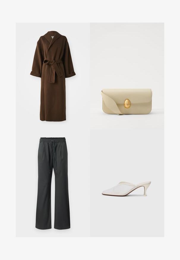 Brown, long wool coat with a shawl collar, wide sleeves, and a tied belt at the waist. Smooth texture and minimal detailing.; Black short-sleeve crew neck t-shirt with a white tag inside the collar labeled "D.R.C. EST. 2002" on a white background.; Black wide-leg pants with elastic waistband and long drawstrings, displayed on a plain white background.; White mesh pointed-toe mule with a slim mid-height heel and slip-on design against a plain background.; Beige leather handbag with a smooth texture, rectangular shape, and a golden oval clasp. Features a long, adjustable strap.