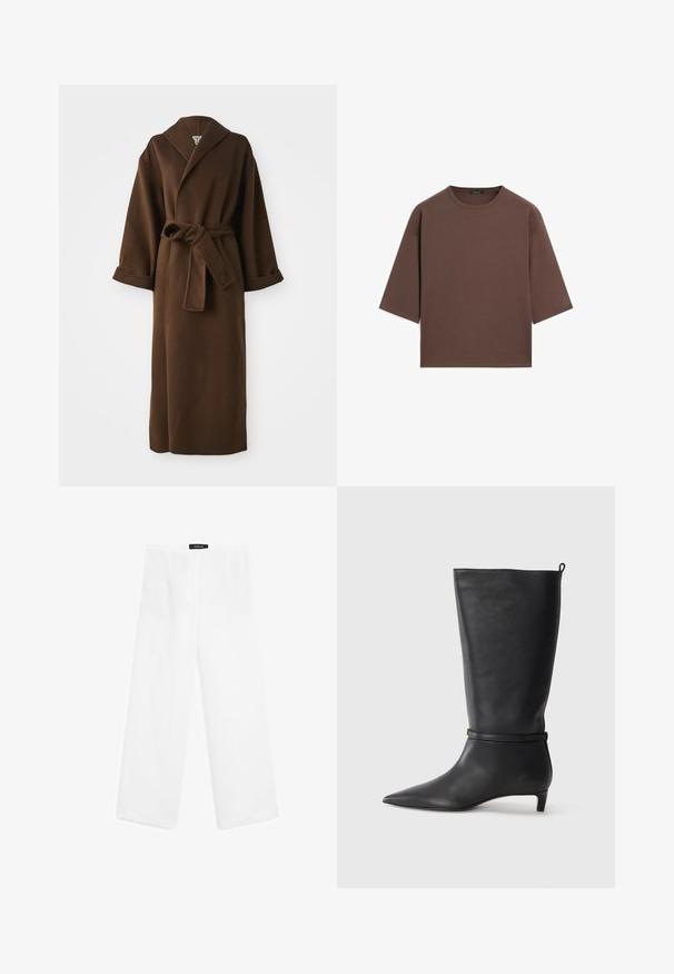 Brun, lang uldfrakke med sjalskrave, vide ærmer og en bundet bælte i taljen. Glat tekstur og minimal detaljering.; Brun cropped t-shirt med rund halsudskæring, korte ærmer og en blød tekstur. Designet med en afslappet pasform og minimal detaljering.; Hvide linned bukser med vide ben og en glat tekstur, der har en mid-rise talje, to forlommer og et enkelt design.; Sorte læder knæhøje støvler med spidse tæer, fremhævet af et rundt bånd omkring anklen og en lav, tapered hæl. Glat tekstur.