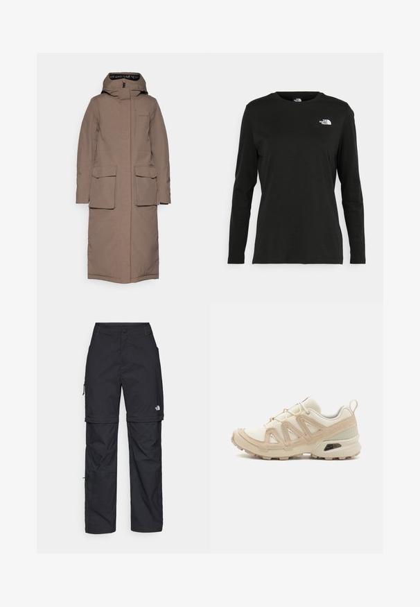 Parka lunga marrone con cappuccio, due grandi tasche frontali e chiusura con zip. Realizzata in un tessuto testurizzato e resistente all'acqua con una fodera liscia.; T-shirt nera a maniche lunghe in cotone con colletto rotondo. Presenta un piccolo logo bianco sul lato sinistro del petto. Design semplice e vestibilità comoda.; Pantaloni cargo in nylon nero con zip rimovibile, polsini regolabili, molteplici tasche e un logo sulla gamba destra. Tessuto liscio e leggero.; Scarpa atletica beige e crema con tomaia in mesh testurizzato, sovrapposizioni supportive e suola in gomma con un motivo a tasselli per la trazione.