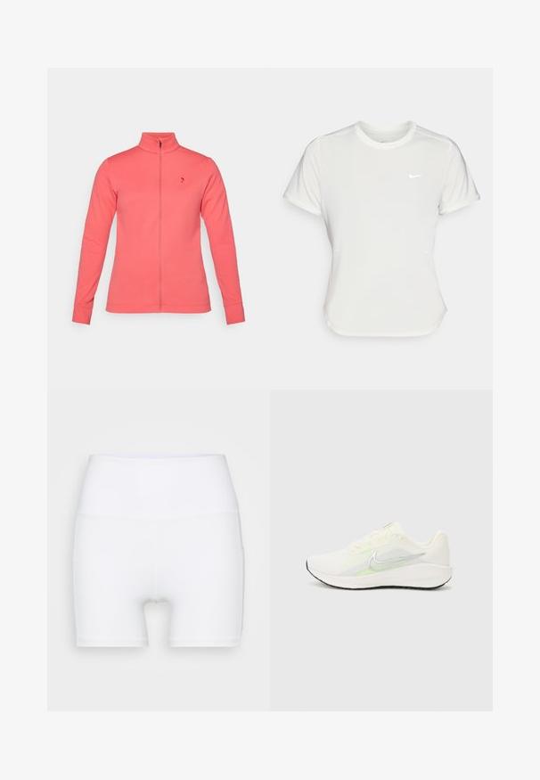 Coral zip-up jacket with a high collar, made of smooth fabric. Features long sleeves and a small logo on the left chest.; Nike T-shirt in white, short sleeves, round neckline, made from a smooth, lightweight fabric. Features a subtle logo on the chest.; White high-waisted shorts made from stretch fabric. Features a smooth texture and fitted design, with no additional patterns or hardware.; Nike Performance DOWNSHIFTER 13 - Road running shoes - sail/silver-coloured photon dust/summit white/barely volt/black