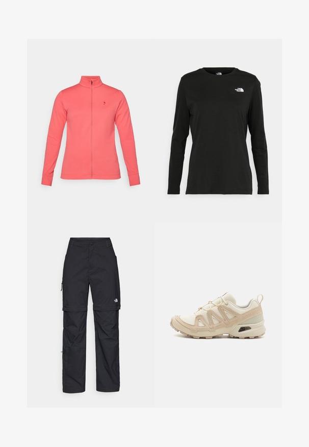 Veste zippée corail avec un col haut, en tissu lisse. Dotée de manches longues et d'un petit logo sur la poitrine gauche.; T-shirt noir à manches longues en coton avec un col rond. Présente un petit logo blanc sur la partie gauche de la poitrine. Design et coupe simples.; Pantalons cargo en nylon noir, à zip amovible, avec chevilles ajustables, plusieurs poches et un logo sur la jambe droite. Texture lisse et légère.; Baskets de sport beiges et crème avec une tige en mesh texturé, des superpositions de soutien et une semelle en caoutchouc dotée d'un motif de crampons pour une traction.