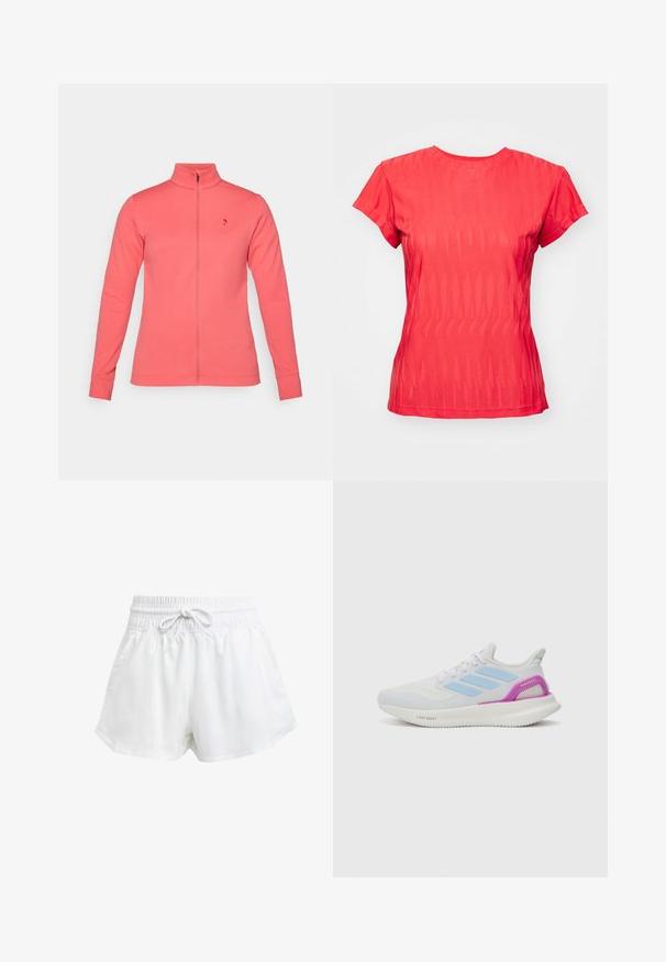 Koraalkleurige zip-up jas met hoge kraag, gemaakt van een zachte stof. Kenmerkt zich door lange mouwen en een klein logo op de linker borst.; Rode T-shirt met korte mouwen, voorzien van een gestructureerd golvend patroon, ronde hals en een iets losse pasvorm. De stof lijkt licht en ademend.; Witte sportieve shorts met een elastische tailleband en verstelbaar trekkoord. Gemaakt van lichtgewicht materiaal, met zijzakken en een losse pasvorm.; adidas Performance PUREBOOST 5 - Hardloopschoenen voor op de weg - white/glow blue/purple burst