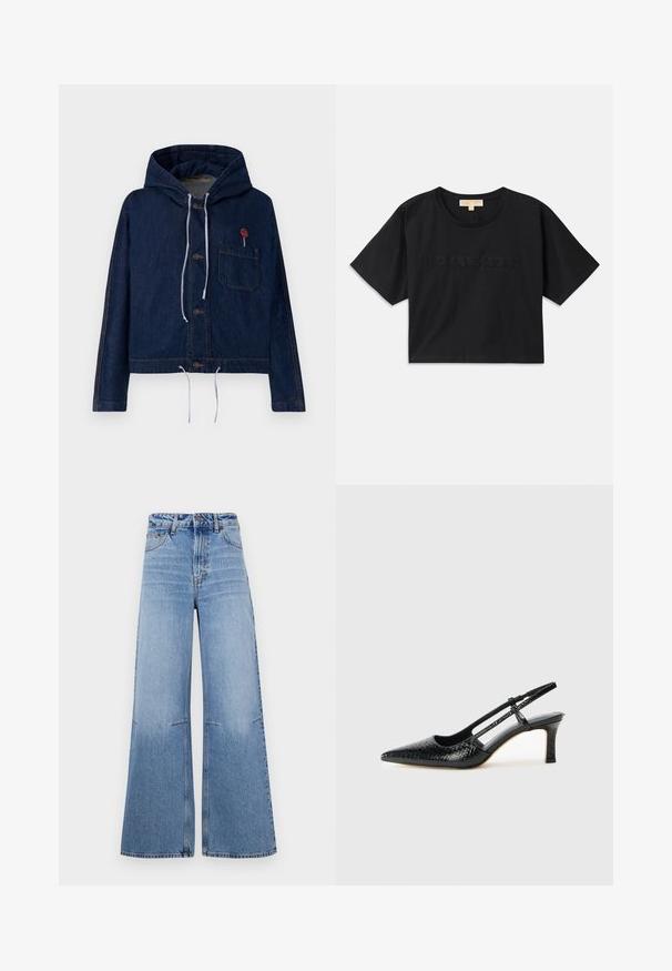 Hoodie de ganga, azul escuro, design cropped, com capuz ajustável, botões na frente e um bolso no peito com um detalhe em forma de alfinete vermelho.; Camiseta cropped preta feita de algodão. Possui decote redondo e mangas curtas. "MICHAEL KORS" bordado na mesma cor na frente.; Jeans de ganga de perna larga azul claro com cintura alta, apresentando bolsos frontais e costuras verticais ao longo das pernas.; Salto slingback em patente preta com bico apontado, apresentando um padrão de pele de cobra texturizado, tira ajustável e um salto bloco curto e texturizado.