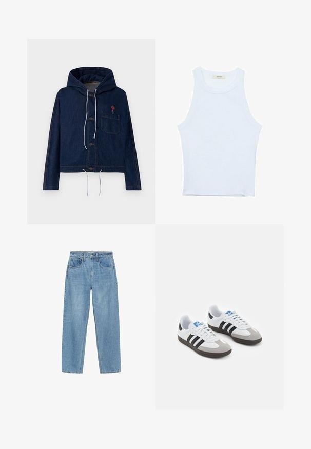 Traperica s kapuljačom, tamnoplava, krojena dužine do struka, s kapuljačom na vezanje, prednjim gumbima i džepom na prsima s crvenim kvačicom kao akcentom.; Bijela majica na bretele, rebrasta tekstura, okrugli izrez, bez rukava, uski kroj, suptilno brendiranje na etiketici unutar područja ovratnika.; Svijetloplave traperice ravnog kroja, visokog struka, s dva prednja džepa i klasičnim kopčanjem na gumb. Suptilno izbljedjele i bez ukrasa.; Sportske cipele s gornjištem od bijele kože, sivi suedinasti nos i tri crne pruge. Imaju plavi logo na jeziku i teksturiranu gumenu podlogu.