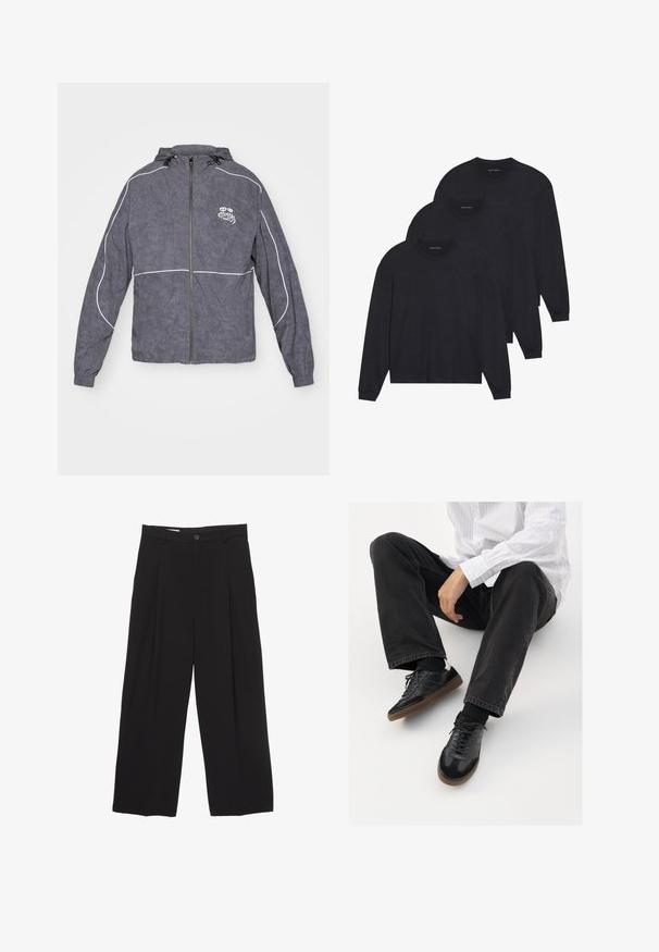 Veste coupe-vent grise avec une finition texturée, fermeture éclair, capuche et garniture blanche ; présente un petit logo sur la poitrine.; Trois chemises à manches longues noires, en tissu doux, avec des encolures rondes et des poignets ajustés. Design minimaliste sans motifs visibles.; Pantalons larges noirs en tissu lisse, avec une taille plate, des plis avant et un bouton unique.; Sneakers noirs avec un dessus lisse et texturé, dotés d'une semelle en caoutchouc et de lacets sombres. Associés à un jean noir et une chemise blanche à rayures.