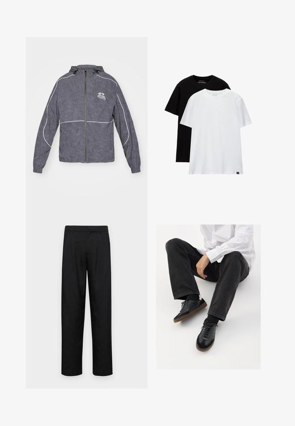 Giacca a vento grigia con finitura testurizzata, chiusura con zip, cappuccio e piping bianco; presenta un piccolo logo sul petto.; Due magliette a taglio regolare, una nera e una bianca, realizzate in cotone. Ognuna ha un collo tondo e maniche corte. Design semplice, senza motivi.; Pantaloni neri realizzati in tessuto liscio, caratterizzati da un taglio dritto, due pieghe frontali e una vita standard con passanti per la cintura.; Sneaker nere con una tomaia liscia e testurizzata, con suola in gomma e lacci scuri. Abbinati a jeans neri e una camicia bianca a righe.
