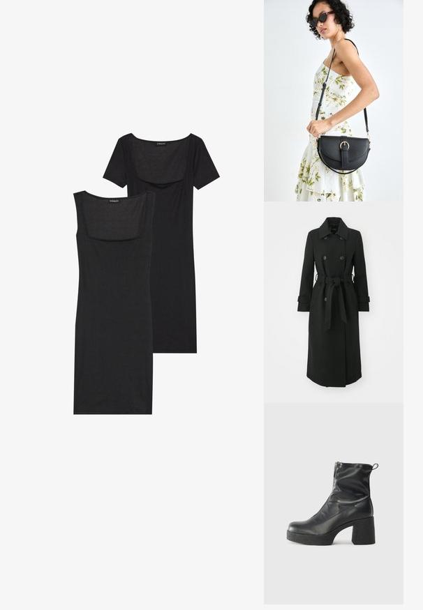 ONLY ONLLUCIE LIFE  - Abrigo clásico - black; Vestido negro ajustado con escote cuadrado, mangas cortas y textura acanalada. Se muestran dos variaciones: tonos negro claro y negro más intenso.; Botines negros de tobillo, hechos de cuero suave, con cierre lateral, tacón grueso texturizado y diseño de punta redondeada.; Bolso de piel negra con forma curva, correa desmontable y herrajes dorados. El bolso cuenta con una solapa con un detalle de hebilla.