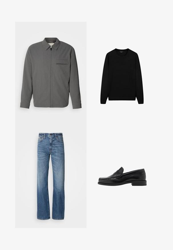 Veste zippée grise en tissu texturé. Présente un col et une poche sur la poitrine. Manches longues avec des extrémités côtelées.; Pull noir à manches longues avec un col rond. Fabriqué en tissu doux, il présente une coupe classique et des poignets et un ourlet côtelés. Sans motifs ni accents.; Jeans en denim bleu avec une coupe droite, taille haute et décoloration subtile. Comprend une fermeture à bouton et à glissière, ainsi qu'un design classique à cinq poches.; Mocassins en cuir noir avec une finition lisse, des coutures sur le bout et un design à talon bas pour le confort et le style.