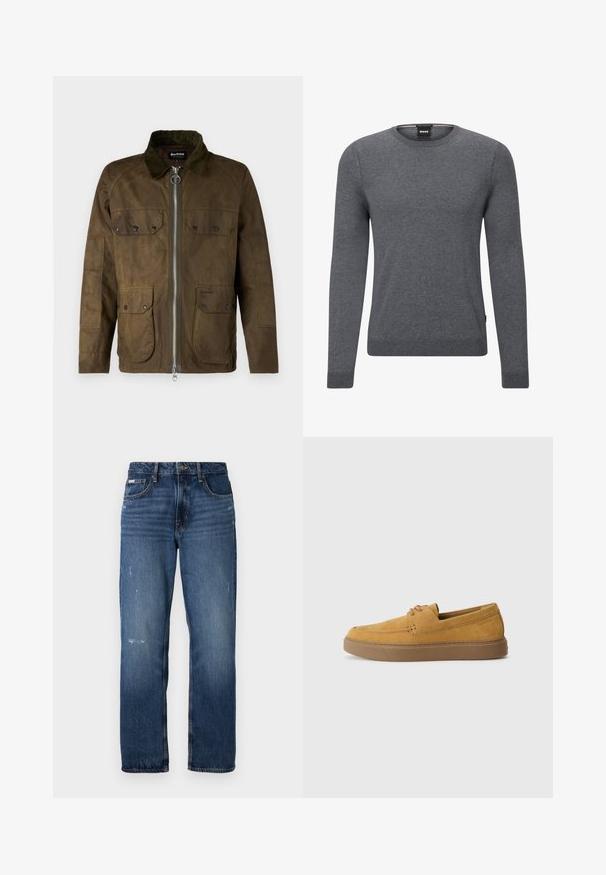 Barbour RE ENGINEERED BEDALE JACKET - Jas - beech; Grijs crewneck sweater gemaakt van zacht breiwerk. Het heeft lange mouwen, geribde manchetten en zoom, en een klein logotag aan de zijkant.; Blauwe denim jeans met een rechte pijpdesign. Bevat vervaagde delen en lichte slijtage aan de voorkant, met een klassieke knoopsluiting.; Bruine suède instap schoenen met een gestructureerde afwerking, ronde neus en een contrasterende rubberen zool. Heeft subtiele branding nabij de hiel.