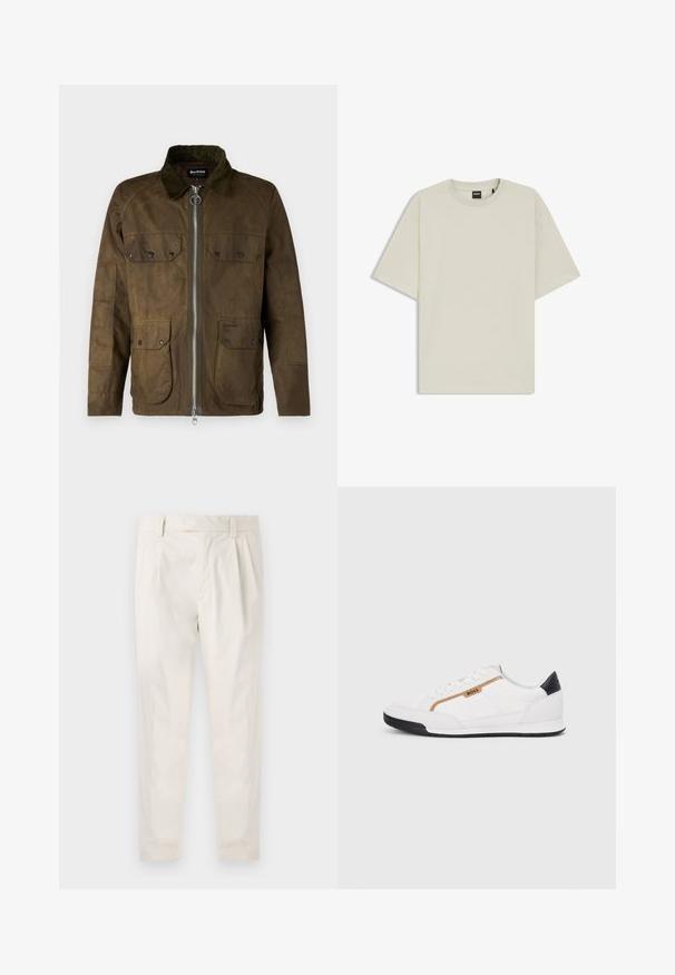 Barbour RE ENGINEERED BEDALE JACKET - Jas - beech; Lichtbeige t-shirt van zacht katoen, met een losse pasvorm, ronde hals en korte mouwen. Geen zichtbare patronen of accenten.; Witte, geplooide broeken met een getailleerde pasvorm, met een gladde textuur, riemlussen en taps toelopende benen. Geen zichtbare zakken of patronen.; Witte sportieve schoenen met gaas- en lederen accenten. Voorzien van een gouden "BOSS" logo, gestructureerde zijpanelen en een zwarte hakkap. Rubberen zool.