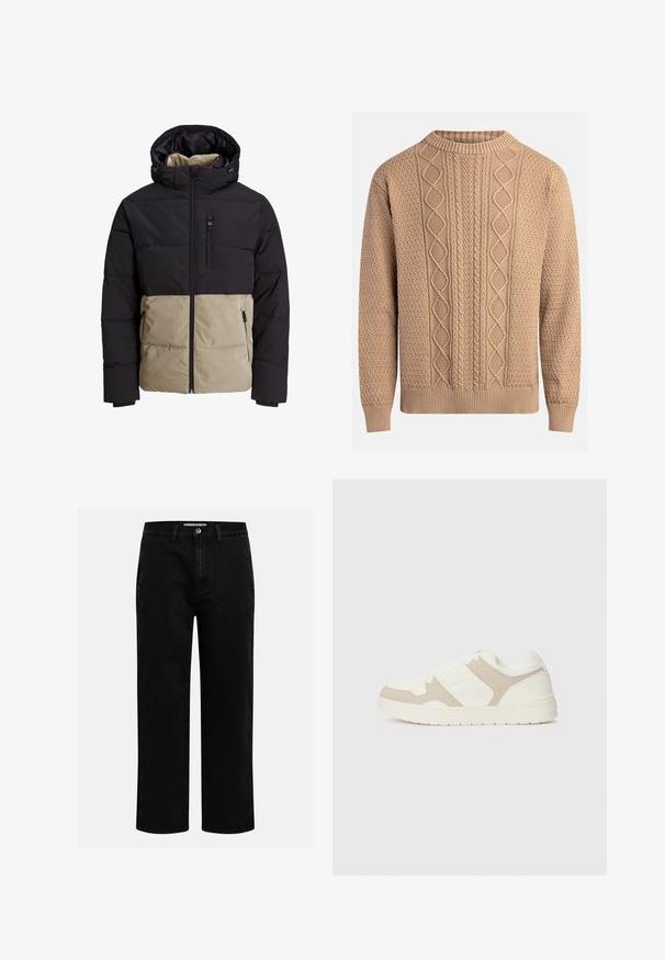 Podložena jakna z zgornjim delom v črni barvi in spodnjim delom v bež barvi. Ima kapuco, sprednji zadrgo in stranske žepe. Teksturna tkanina.; Pleteni pulover v bež barvi z teksturiranimi vzorci. Ima okrogel izrez, rebraste manšete in različne kabelske pletenice po sprednjem delu.; Črne denim hlače s ravnim krojem, klasičnim pet-takošnjim dizajnom in gumbom za zapiranje v pasu. Gladka tekstura in trpežna tkanina.; Bež in bela športna obuvala z mešanico gladkih in semiš tekstur, okroglo konico, vezalni sistem in raven gumijast podplat.