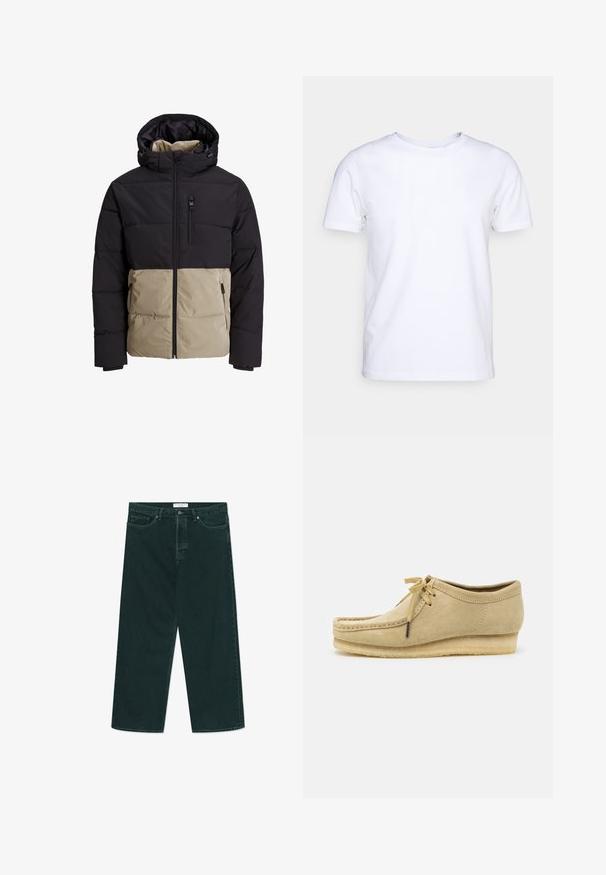 Polsterdatud jakk, millel on must ülemine osa ja beež alumine osa. Omab kapuutsi, frontaalset tõmblukk ja küljetaskuid. Tekstuuriga kangas.; Valge lühikeste varrukatega t-särk puuvillaste kangast, ümmarguse kaelusega. Lihtne disain, ilma mustrite ja detailideta. Sile tekstuur.; Tumed roheline laia säärega denimpüksid, millel on nööbid ja lukud, esi taskud ja vöökohakohad, laotatuna valgele taustale.; Bež nubukist kingad, millel on paelad, õmblustega detailid ja kummist tald. Kujundus on lihtne, kergelt kallakuga kannaga.