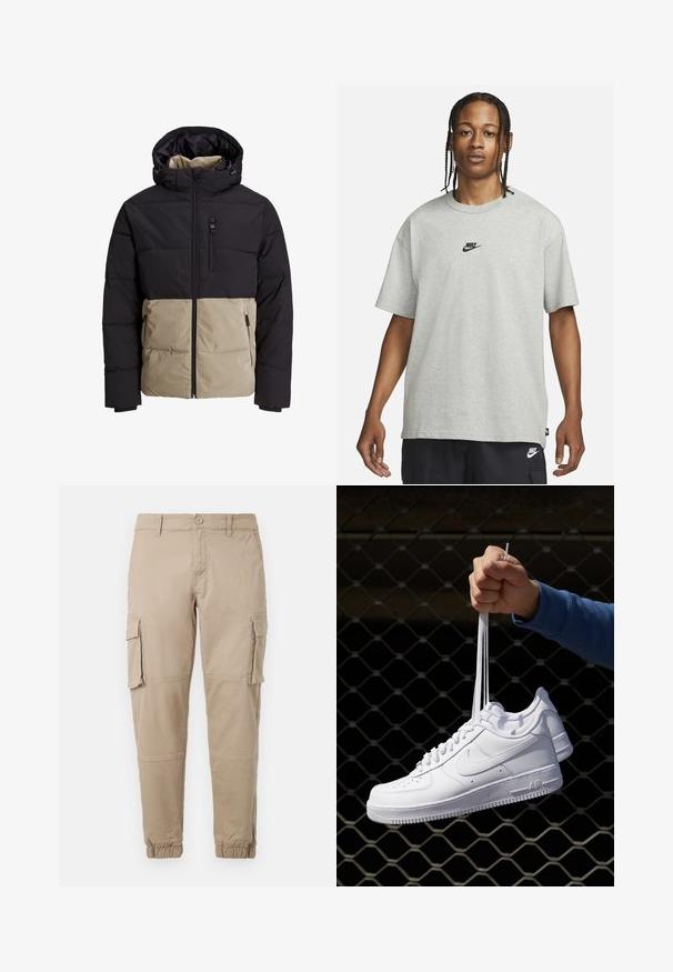 Paminkštintas džemperis su juodu viršutiniu skyriumi irbej belos apatinės dalies. Yra gobtuvas, priekinių užtrauktukas ir šoninės kišenės. Raštuota medžiaga.; Jaunas žmogus su pintomis plaukomis, vilkintis šviesiai pilką Nike marškinėlį ir juodus Nike šortus, priešais vientisą baltą foną.; Bežiniai cargo kelnės iš lengvos medvilnės. Su elastingais užtrauktukais, keliais šoniniais kišenėmis ir mygtukų uždarymu.; Balti odiniai sportiniai bateliai su perforacijomis, apvalia nosimi, plokščiu padu ir storomis raištelėmis, su matomu swoosh logotipu ir "AIR" ant kulno.