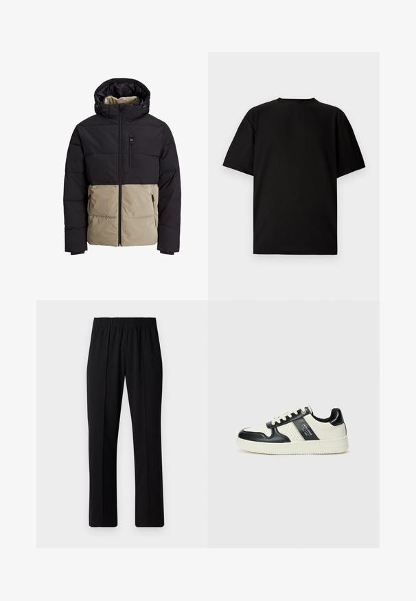 Chaqueta acolchada con una sección superior negra y una sección inferior beige. Cuenta con capucha, cremallera frontal y bolsillos laterales. Tela texturada.; Camiseta negra de manga corta hecha de tela acanalada. Presenta un cuello redondo y un corte relajado con una textura suave. Vista trasera únicamente.; Pantalones negros con cintura elástica y diseño de pierna recta, con una textura suave y sin patrones o herrajes visibles.; Zapatillas de cuero con un esquema de colores negro y crema, que cuentan con acentos perforados, un collar acolchado y una suela texturizada.