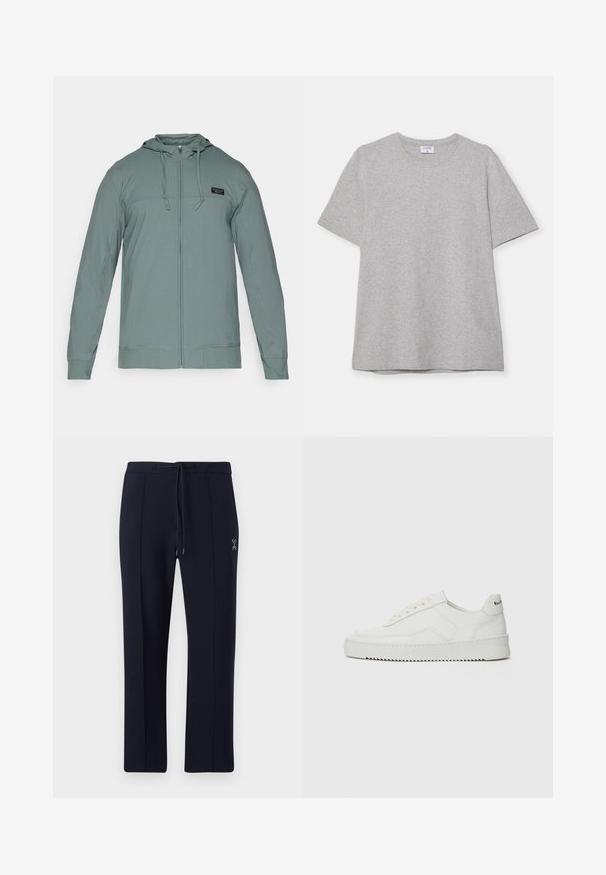 Gaiši zaļa zip-up kapucīte, izgatavota no strukturēta auduma, ar kapuci, auklām un mazu logo uzlīmi uz krūtīm.; Pelēks īsā piedurkņu T-krekls, kas izgatavots no mīkstas, teksturētas auduma. Tam ir klasiskā apļa kakla izgriezums un taisna apakšmalā, piemērots ikdienas valkāšanai.; Jūras spēku bikses ar brīvu piegriezumu, kas aprīkotas ar auklu jostasvietu un sānu kabatām. Gluda auduma ar viegliem priekšējiem krokojumiem un logotipa detaļu.; Baltas ādas sneakers ar gludu virsmu, apaļu pirkstu daļu, plakaniem šņorēm un teksturētu zoli. Satur diskrētu logotipu uz papēža.