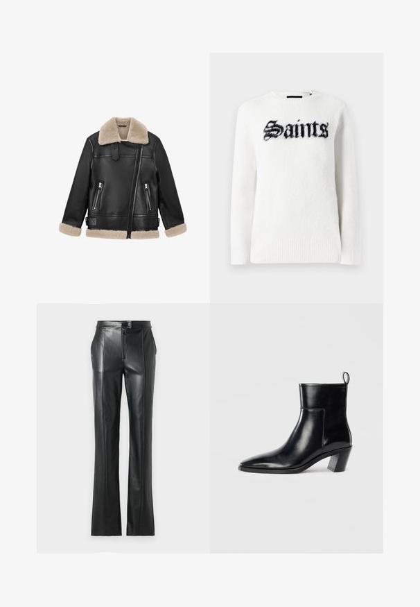 Čierna kožená bunda s hnedým vlneným golierom a manžetami; má dva predné vrecká na zips a diagonálny predný zips.; Biely sveter z plyšovej tkaniny, na prednej strane s čiernou grafikou "Saints". Okrúhly výstrih, dlhé rukávy a rebrované lemovanie.; Čierne kožené nohavice s rovný fit, vysokým pásom, zipsovým zapínaním a viditeľnými švami pozdĺž švov. Hladká textúra.; Čierna kožená členková čižma s špicatou špičkou, geometricky tvarovaným podpätkom a pútkom na zadnej strane. Hladká textura a elegantný dizajn.