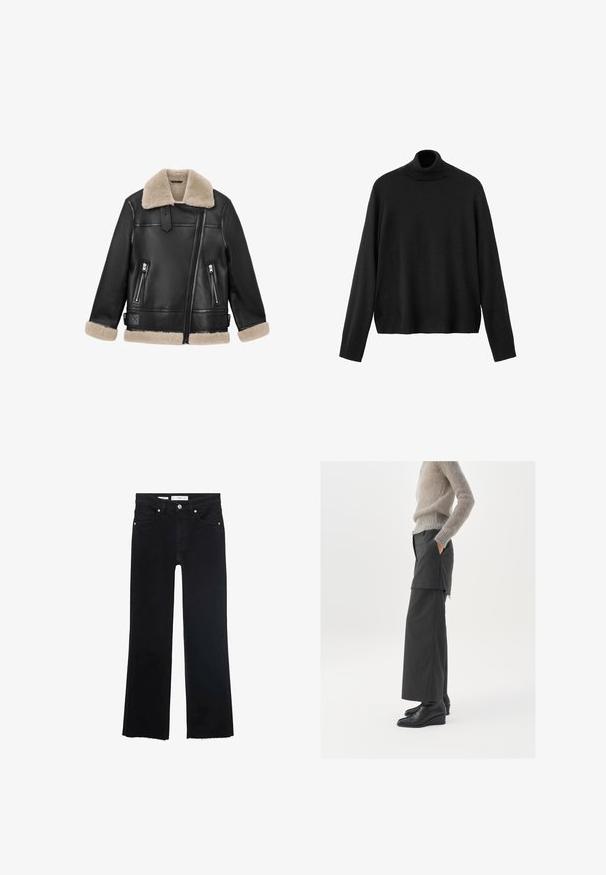 Čierna kožená bunda s hnedým vlneným golierom a manžetami; má dva predné vrecká na zips a diagonálny predný zips.; Čierny rolákový sveter z pleteného materiálu, s dlhými rukávmi, priliehavým golierom a mierne skráteným lemom. Hladká textúra, jednofarebný.; Čierne denimové zvonové džínsy s hračkou v strede pásu, prednými vreckami a surovým lemovaním, s kovovými akcentmi.; Čierne široké nohavice s rozstrapkaným lemom, skombinované so svetlo šedým chlpatým sveterom. Model stojí bokom, má ruky v vreckách a na sebe má čierne klinové topánky.