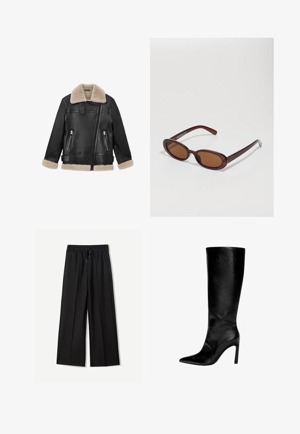 Zwarte leren jas met een tan wollen kraag en manchetten; beschikt over twee ritszakken aan de voorkant en een diagonale ritsluiting aan de voorkant.; Zwarte coltrui gemaakt van zacht breigoed. Heeft een geribbelde zoom, lange mouwen en een relaxte pasvorm. Eenvoudig en veelzijdig ontwerp.; Zwarte wijde broek van zachte stof. Voorzien van een elastische tailleband met een trekkoord en twee zijzakken. Platte voorkant met plooien.; Zwart leren laars tot de knie met een spitse neus, hoge stilettohak, een gladde afwerking en een eenvoudig, slank ontwerp zonder versieringen.; Ronde, bruin getinte zonnebril met een glanzend bordeauxrood frame. Slanke pootjes met subtiele merkdetails. Vlakke lensontwerp.