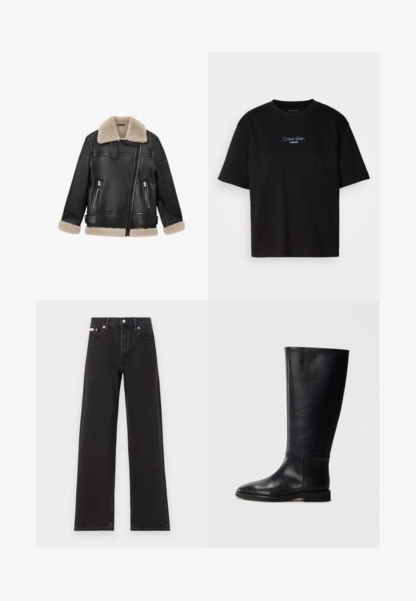Jachetă din piele neagră cu guler și manșete din lână bej; dispune de două buzunare frontale cu fermoar și un închizător diagonal cu fermoar.; Tricou din bumbac negru cu guler rotund, mâneci scurte și logo-ul brodat în albastru "Calvin Klein JEANS" pe față.; Jeanși negri cu picioare largi, fabricați din denim, cu talie înaltă, stil cu cinci buzunare și închidere cu nasture metalic, cu cusături contrastante.; Cizmă neagră din piele până la genunchi, cu vârf rotund, textură netedă, design minimalist și talpă plată. Detalii simple de cusătură pe tijă.
