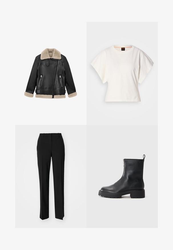 Casaco de pele preto com colarinho e punhos em lã castanha; apresenta dois bolsos frontais com fecho éclair e um fecho éclair diagonal na frente.; T-shirt branco cropped, mangas curtas e largas, material de algodão suave, decote redondo com um discreto acabamento laranja, design minimalista, sem padrões ou gráficos.; Calças pretas de corte ajustado com um design de perna reta, apresentando uma textura lisa e pregas bem definidas na frente. Sem hardware visível.; Botim de tornozelo em pele preta com fecho lateral, biqueira arredondada e sola robusta e texturizada. Marca discreta na lateral.