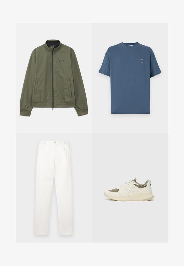 Olivovozelená bomber bunda s mock golierom, zipsovým uzáverom, elastickými manžetami, bočnými vreckami a malým čiernym logom na hrudi.; Modrá bavlnená tričko s klasickým okrúhlym výstrihom, krátkymi rukávmi, voľným strihom a dvoma malými potlačenými logami na hrudi. Hladká textúra.; Biele nohavice vyrobené z hladkej tkaniny, s rovnými nohavicami, prednými záhybmi a jedným gombíkom na zapínanie v páse.; Biele a svetlo béžové športové tenisky s hornou časťou z mriežkového materiálu, perforovanými detailmi a textúrovanou medzipodrážkou s logom na päte.