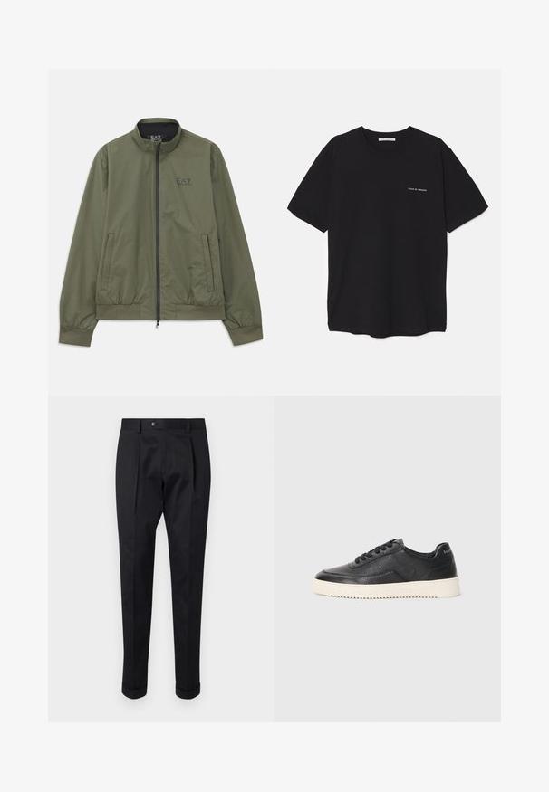 Alkagrafito žalias bombonešis su imitaciniu apykakle, užtrauktuku, elastinėmis rankovėmis, šoninėmis kišenėmis ir mažu juodu logotipu ant krūtinės.; Juoda medvilninė marškinėlė su apykakle, trumpomis rankovėmis ir baltu logotipu kairėje krūtinės pusėje. Paprastas, vientisas spalvų dizainas.; Juodos kelnės pagamintos iš lygaus audinio, su raukšle priekyje, mygtuko uždarymu ir suknežintomis rankovėmis ties kulkšnimi.; Juoda odinė sportinė avalynė su tekstūruotu paviršiumi, apvaliu nosiu ir plokščiu baltu guminiu padu. Yra juodi raišteliai ir ženklinimas ant kulno.