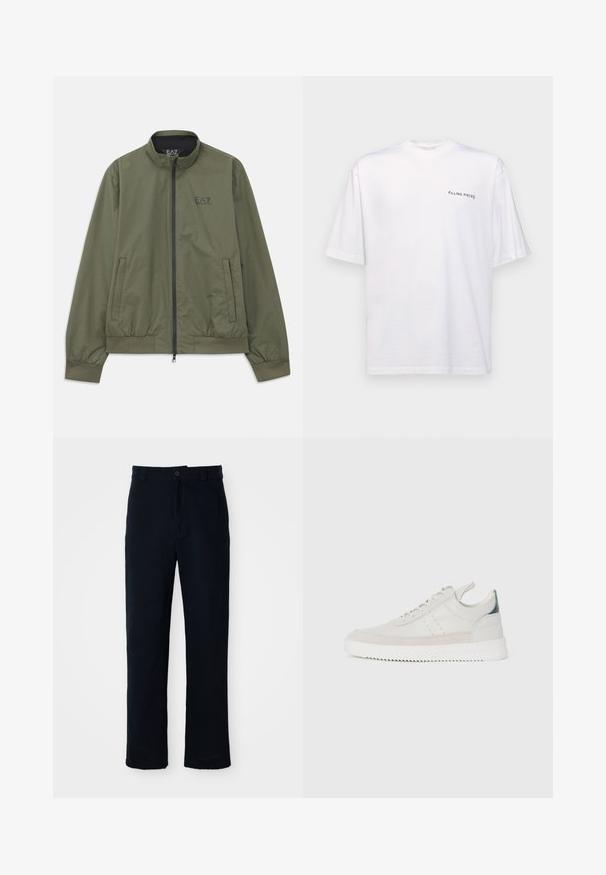 Alkagrafito žalias bombonešis su imitaciniu apykakle, užtrauktuku, elastinėmis rankovėmis, šoninėmis kišenėmis ir mažu juodu logotipu ant krūtinės.; Baltas trumpas rankovės marškinėliai iš medvilnės su v-kaklu, su juodu "FILLING PIECES" logotipu, spausdintu kairėje pusėje.; Tamsiai mėlynos medvilninės kelnės, turinčios tiesioginį kirpimą, priekyje užsegamos mygtuku ir klasikine juosta su dirželio kilpom.; Balti odiniai sportbačiai su pilkais zomšos akcentais, su raišteliais, su traukimo juostele ir tekstūruota guma, kurioje matomas zigzago raštas.