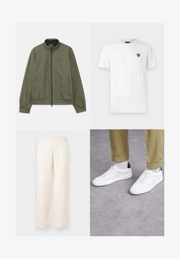 Olive green bomber jacket with a mock collar, zip closure, elastic cuffs, side pockets, and a small black logo on the chest.; White cotton t-shirt with short sleeves, featuring a small black logo on the left chest area. Classic crew neck design.; Lightweight, cream-colored pants with an elastic waistband, straight leg design, and subtle texture. Features no visible pockets.; White sneakers with a textured leather finish, rounded toe, and black heel accent. Rubber sole with small tread pattern and stitched detail.