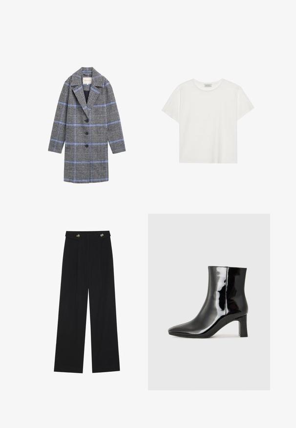 TOM TAILOR KARIERTER - Halflange jas - navy blue check; Witte T-shirt met korte mouwen, gemaakt van zachte katoen. Heeft een ronde halslijn en een relaxte pasvorm. Schoon ontwerp zonder zichtbare patronen of accenten.; Zwarte wijde broek met hoge taille, knoopdetails op de tailleband en plooien aan de voorkant.; Zwarte gepolijste leren enkellaars met een spitse neus en een blokhak van gemiddelde hoogte. Glad textuur en minimalistisch ontwerp.