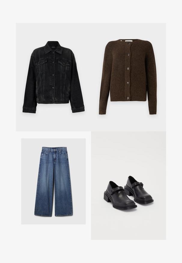 Replay JACKET - Casaco de ganga - black; Cardigã castanho tricotado, feito de material suave, com um decote redondo, botões à frente e mangas longas. Acabamento texturizado por toda a peça.; Blusa verde-água com decote de colarinho, frente com botões e mangas longas. Feita de tecido texturizado com punhos franzidos.; Calças de ganga azul de perna larga com um acabamento desbotado, apresentando um fecho de botão e zipper, cinco bolsos e passantes para cinto.; Sapatos de couro pretos com um bico redondo, sola plana e uma fita com detalhe de fivela. Salto bloco robusto para maior estabilidade.