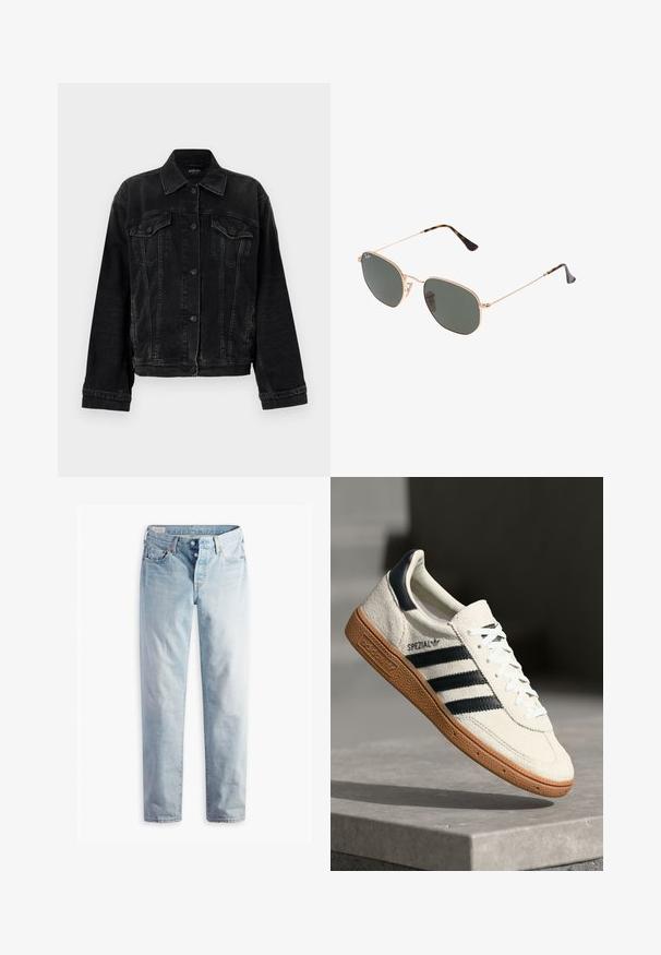 Replay JACKET - Džinsinis švarkelis - black; Pilkas kabelių mezgimo megztinis su ilgomis rankovėmis, įgula apačia ir apvalia kaklo linija. Maža logotipo detalė ant krūtinės.; Šviesiai mėlyni džinsai su tiesia kojų forma, dviem priekinėmis kišenėmis ir dviem užpakalinėmis kišenėmis. Su dviem sagų užtrauktuku ir subtiliu siuvinėjimu.; Baltos odinės sportinės bateliai su tamsiai mėlynomis juostelėmis, guminis padas, tekstūruotas viršus, apvalus nosis ir šnervės; turi prekės ženklą šone ir ant liežuvėlio.; Auksiniai metaliniai akiniai nuo saulės su tamsiai žaliomis lęšiais, aviator tipo, su siaurais rėmeliais ir kilpiniu akmeniu ant galiukų.