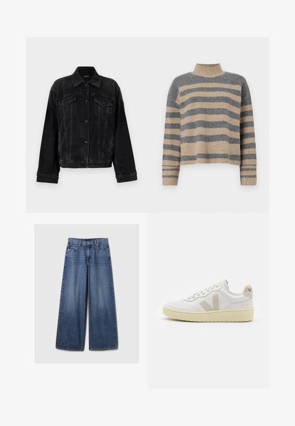 Replay JACKET - Traper jakna - black; Prugasti pleteni džemper u sivoj i bež boji, s visokim ovratnikom, širokim rukavima s manžetama i opuštenim krojem koji je skraćen.; Široke plave traperice s izblijedjelim finišom, s kopčanjem na gumb i patentni zatvarač, pet džepova i petljama za remen.; Bijele kožne tenisice s bež nubuk naglascima, perforiranim prednjim dijelom, ravnim čipkama i teksturiranom kremastom potplatom. Sadrži suptilni brend na pete.